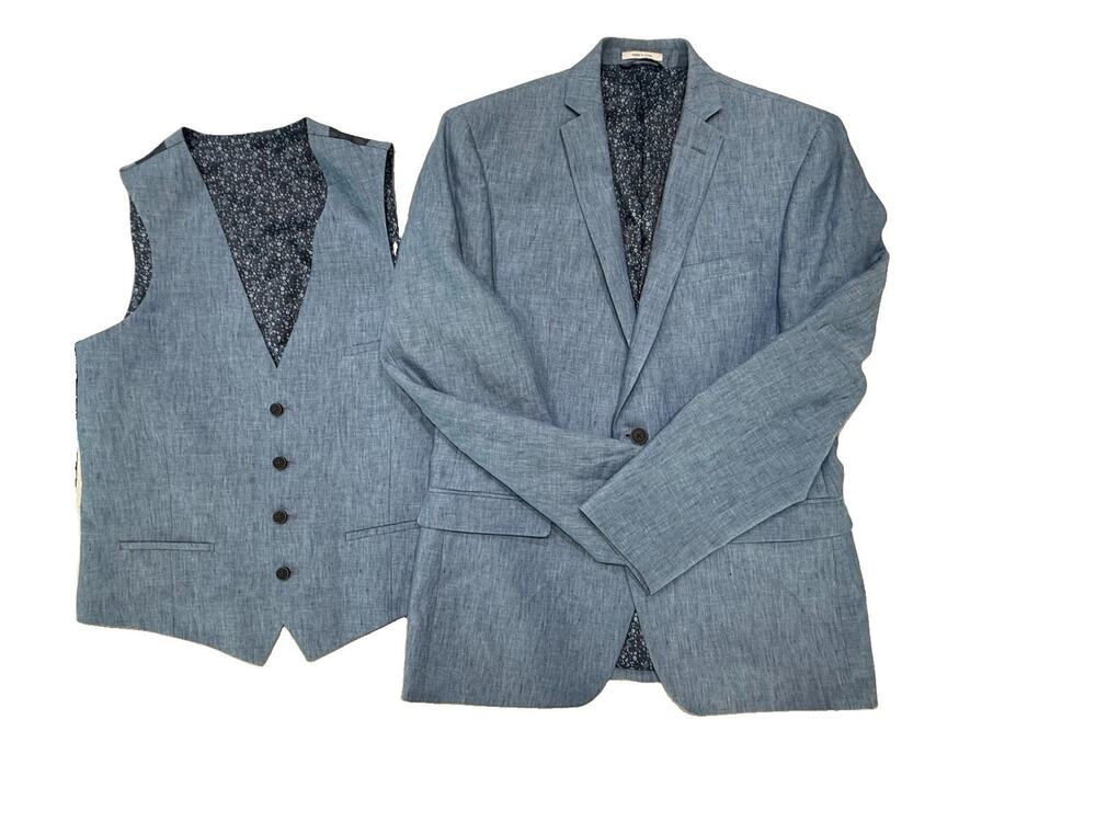 Bar III Mens Slim-Fit Linen Suit Jacket 40R Blue 2 Button Matching Vest EUC